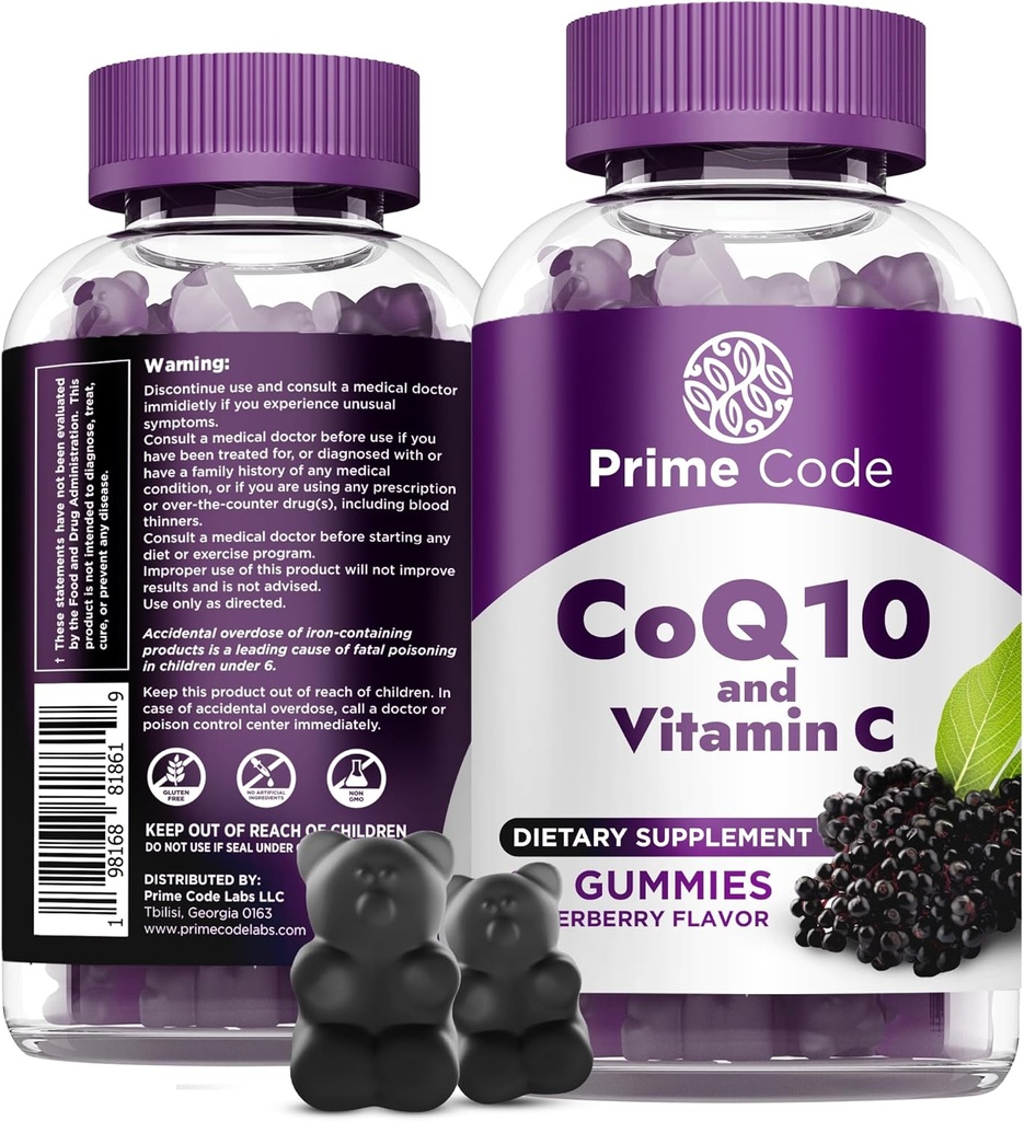 Prime Code CoQ10 200mg & Vitamin C 250mg Gummies - Antioxidant & Imunitation Supplement pro dospělé - Vegan, Non- GMO, Gluten- Free - Elderberry Flavor - 60 Gummies