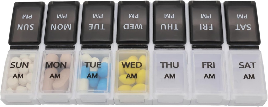 7 Day Weekly Pill AMPM מארגנת, ShysTech Large Pill Box for Pills/Vitamin/Supplements/Medication (Separable, Small Black/White)