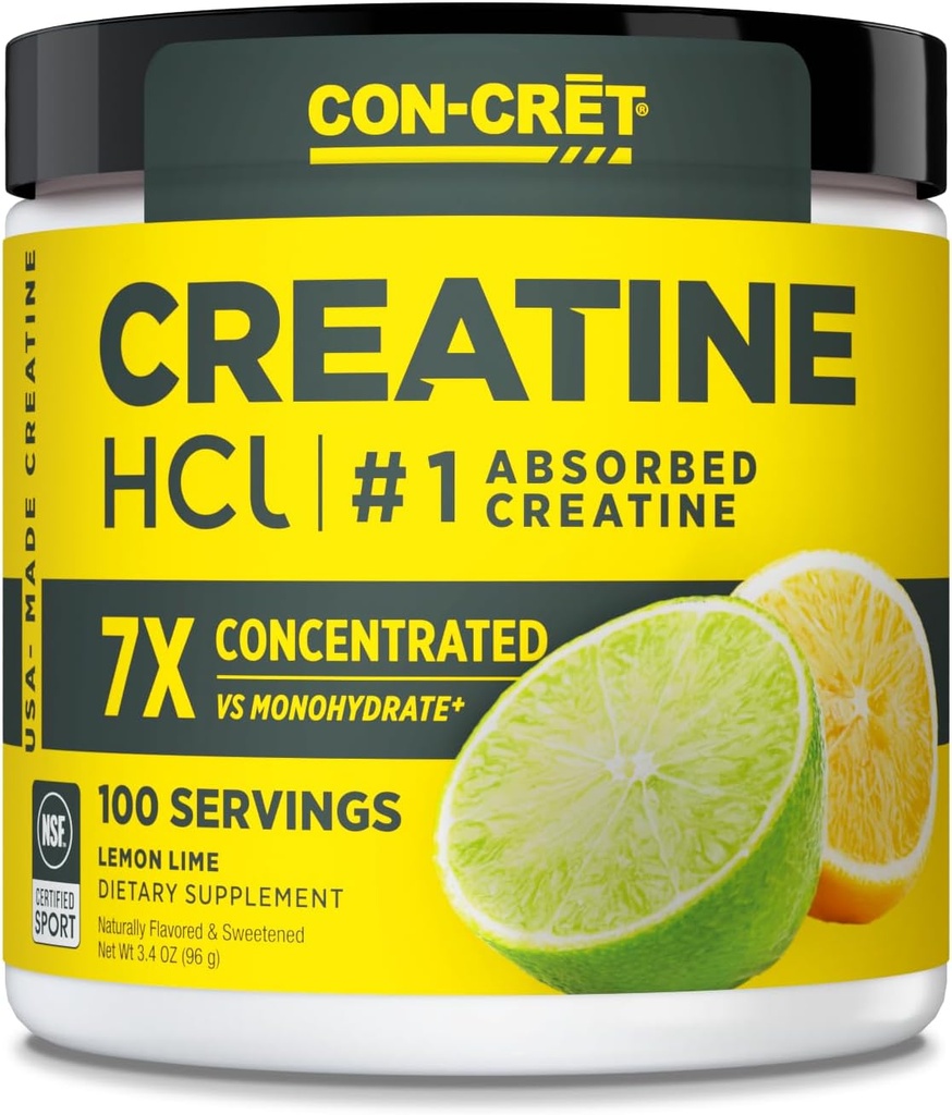 CON-CRET Creatine HCl Powder | Lihas-, Kognitiivne, Cellular Energy Support | No Bloating or Cramps | USA Made & NSF Certified | Sidrunlubja (100 Serving)