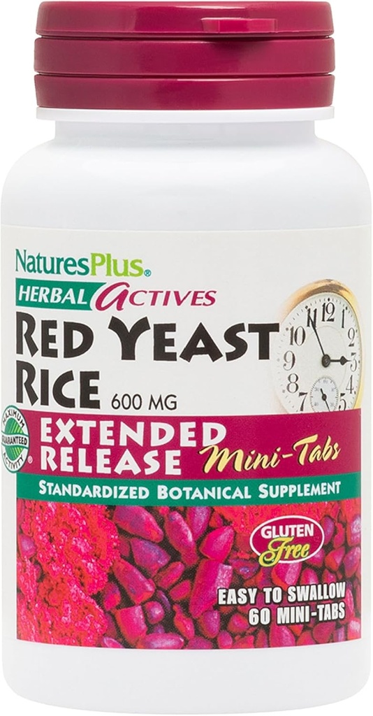 Natures Plus Herbal Actives Rice de lévedo vermello, liberación estendida - 600 mg, 60 mini tabletas - suplemento herbario - Vegan, Vegetarian, Gluten-Free - 30 servizos
