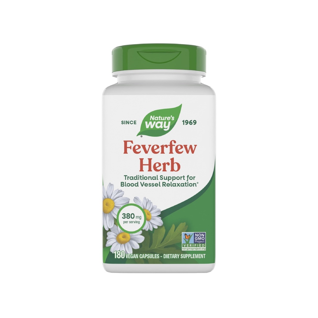 Nature's Way Feverfew Herb, Traditional Support for Blood Vessel Relaxation*, 380 mg per Serving, Non-GMO Project Verified, 180 Vegan Feverfew Capsules (Packaging May Vary)