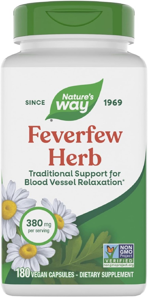 Nature's Way Feverfew Herb, Traditional Support for Blood Vessel Relaxation*, 380 mg per Serving, Non-GMO Project Verified, 180 Vegan Feverfew Capsules (Verpakking mei Vary)