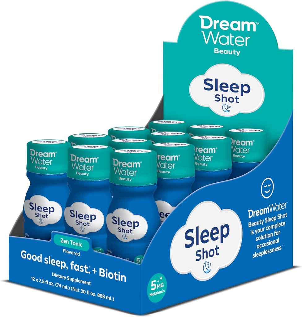 Dream Water Beauty Sleep Aid Drink Supplement; Melatonin 5 mg, GABA, 5-HTP, Plus Biotin for Health Skin, Hair and Nails; 2.5 oz Liquid Sleep Shots, Zen Tonic 12Count