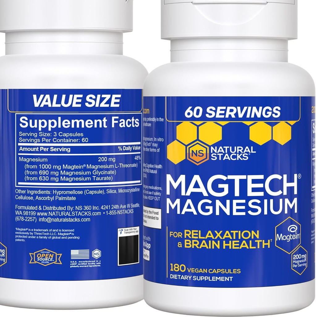 MagTech Magnesio Supplemento - 3 Forme di Magnesio: Magtein L-Threonate, Glycinate & Taurate - 200mg Chelated Magnesium Complex - Supporti Rilassamento & Brain Health - 180 Capsule