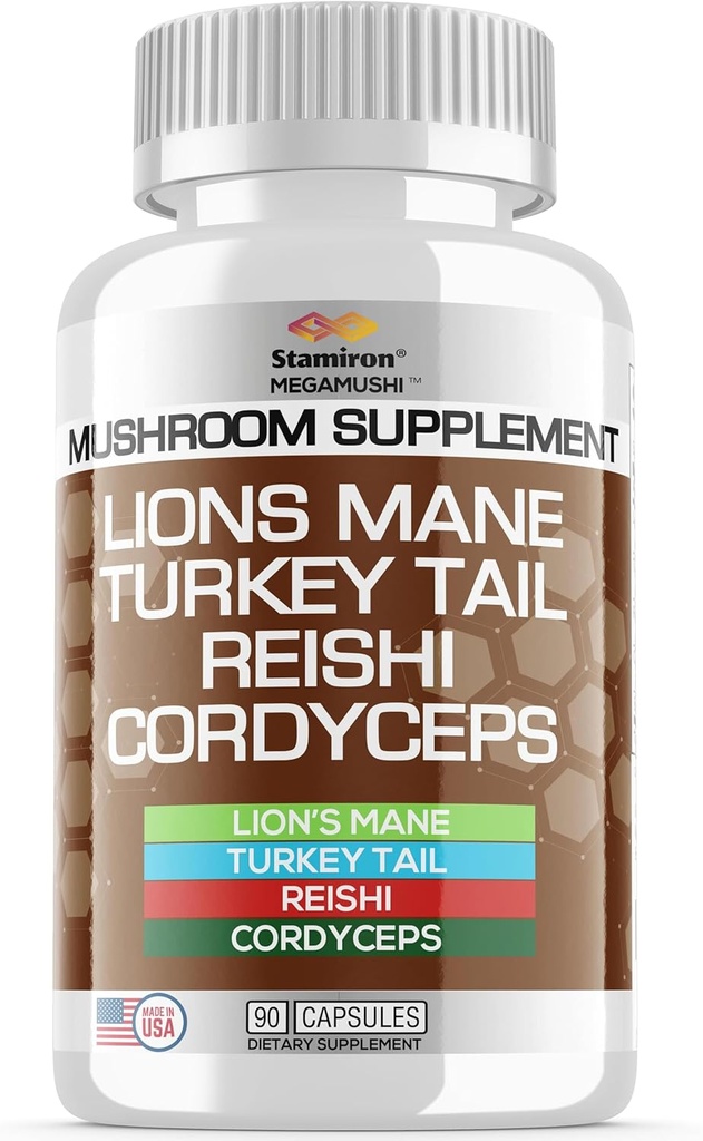 Stamiron Lions Mane Supplement Turkey Tail Mushules 配有 Cordyceps 提取器和 Reishi 蘑菇 - Alt to Mushro Gummys, 蘑菇粉, 蘑菇咖啡 - 90 计数器
