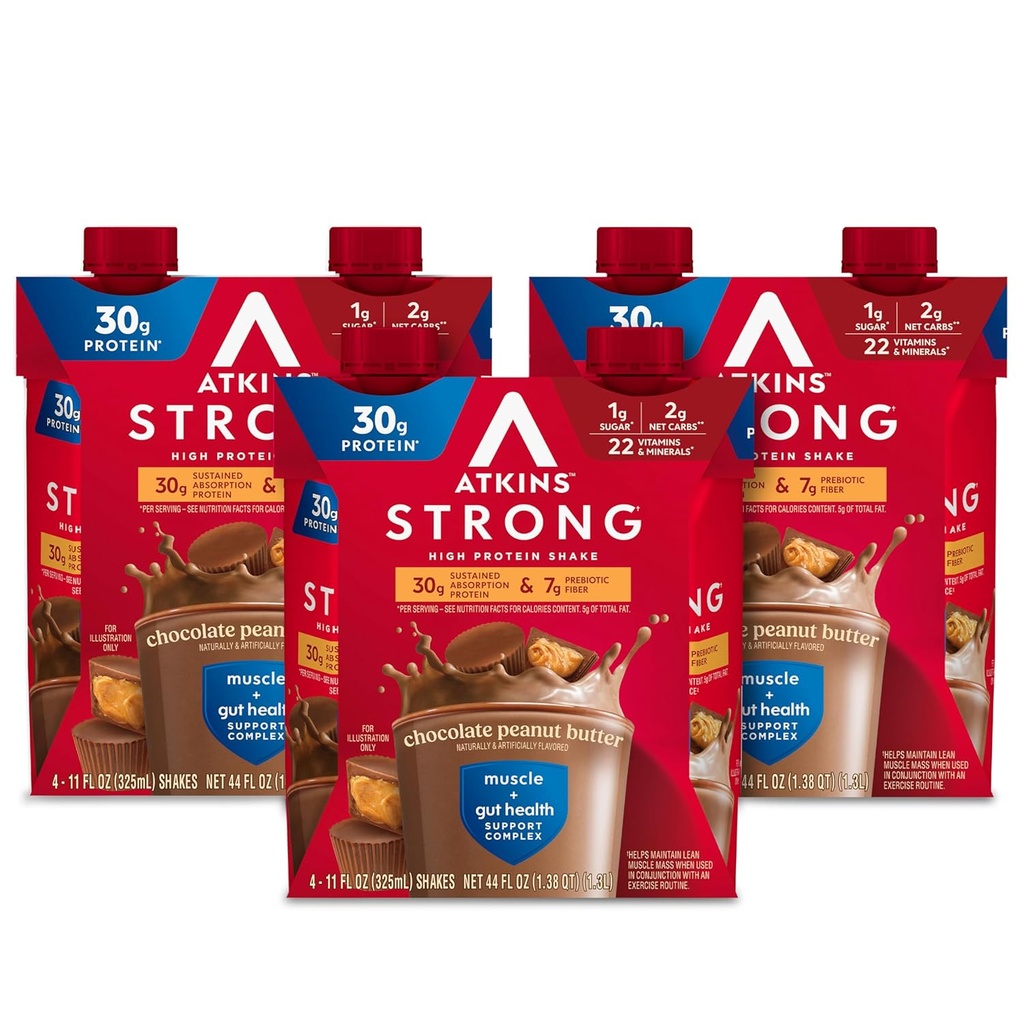 Atkins Strong High Protein Shake, Chocolate Maapähklivõi Maitse, 30 g valku, madala carb ja madala suhkru raputamine, Keto Sõbralik, Gluteenivaba, Lihas- ja Soolestiku Tervise Tugikompleks, 12 Count