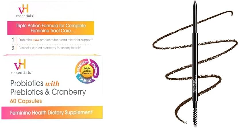 vH essentials Probiotics with Prebiotics and Cranberry Feminine Health Supplement 60 Capsules and wet n wild Ultimate Brow Micro Eyebrow Retractable Pencil Dark Brown Ultra Fine 1.5mm Tip