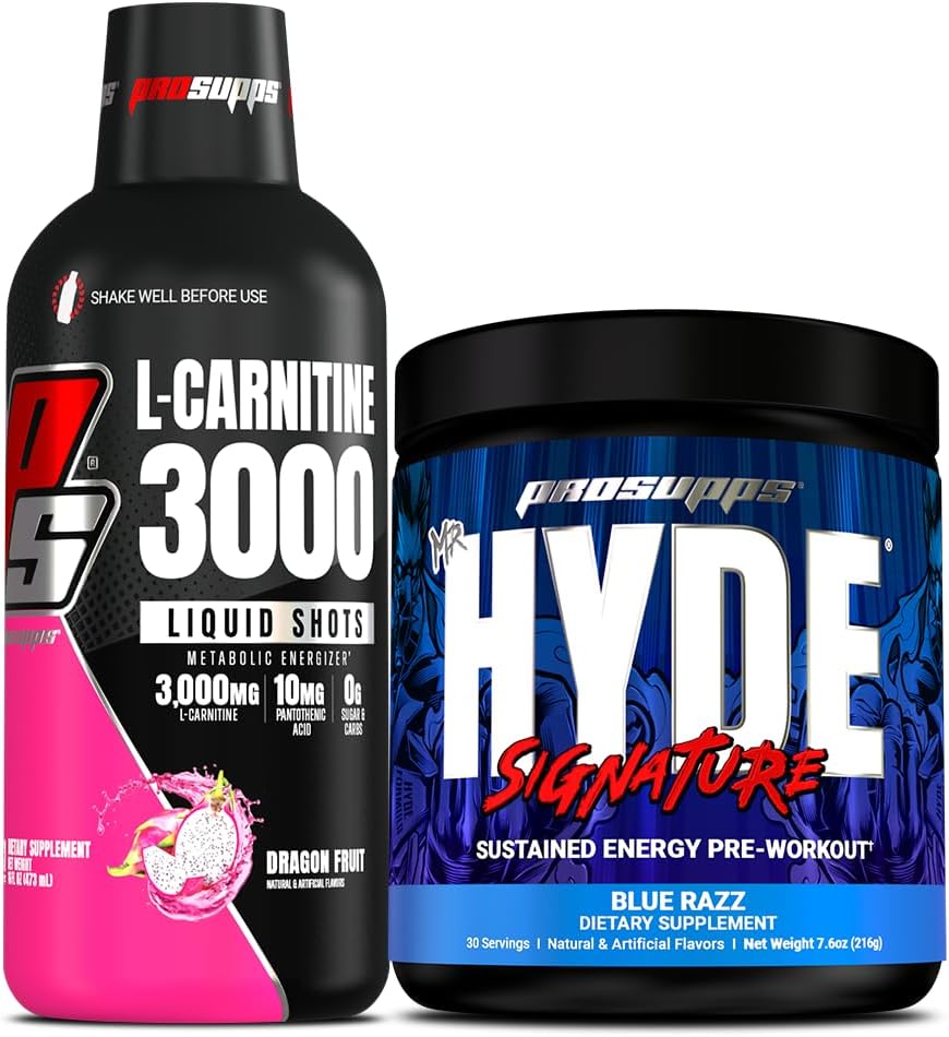 PROSUPPS L-Carnitine 3000 Щимулант Безплатни течни изстрели (Dragon Fruit) и г-н Хайд Signature Series Pre-Workout Energy Powdered Drink (Blue Razz) Bundle