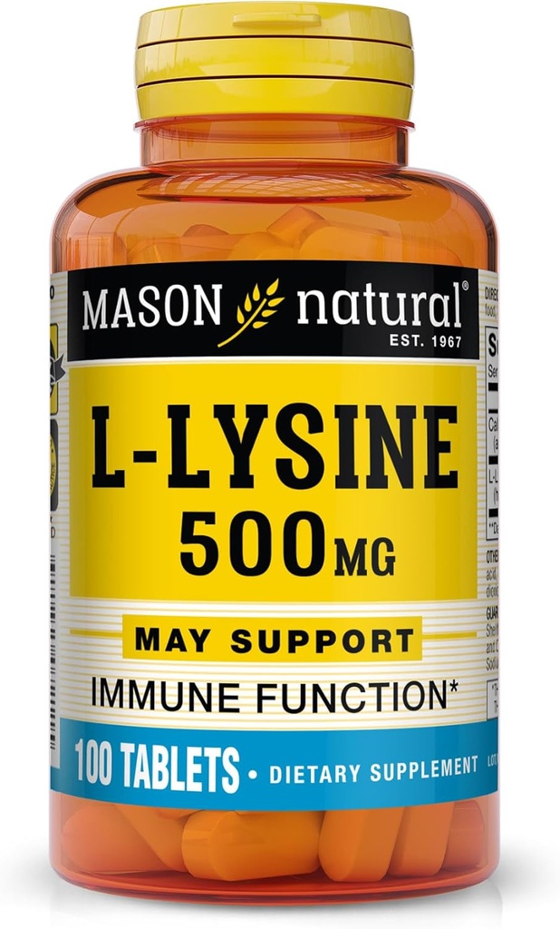 MASON NATURAL L-Lysine 500 mg cu funcţie imunitară îmbunătăţită de calciu, absorbţie crescută de nutrient, acid amino esenţial, 100 comprimate