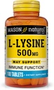 MASON NATURAL L-Lysine 500 mg - İxtisaslaşdırılmış Immune funksiyası, inkişaflı Nutrient Aboreksiya, Essential Amino Acid, 100 Tablet