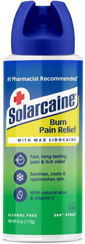 Solarcain Aloe Sunburn Relief Spray med 4% Lidocain - Efter Sun Care Relief for Burns, Scrapes & Itch - Aloe Spray til Sothe, Cool & Replenish Skin - 4oz