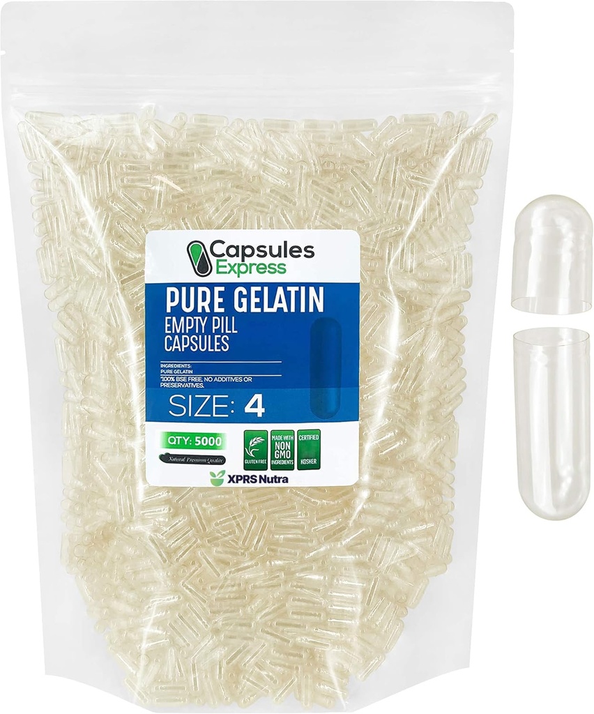 XPRS Nutra Size 4 Capsule Vuoti - 5000 Contare Capsule Gelatini Vuoti - Riempimento di Capsule fai da te - Riempimento di Gel Bovini Puri Fillabili per Integratori Do-It-Yourself