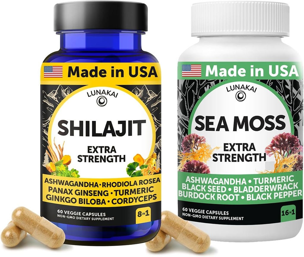 Lunakai США Зроблено Shilajit & Sea Moss Capsules Bundle з Ashwagandha, Black Seed Oil & Rhodiola для міцності та імунітету, 60ct Кожен