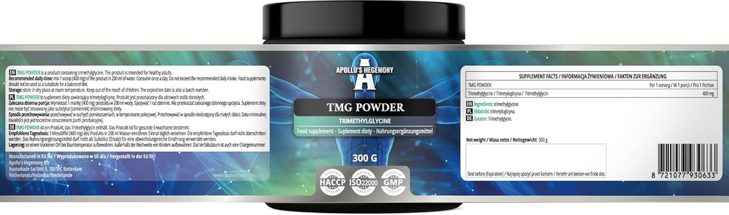 APOLLO: s HEGEMONY TMG Powder 300g - Betaine - 2000mg Trimethylglycin per portion - 150 portioner per pack - Inga tillsatser - Branched Chain Aminosyror - Metabolitstöd