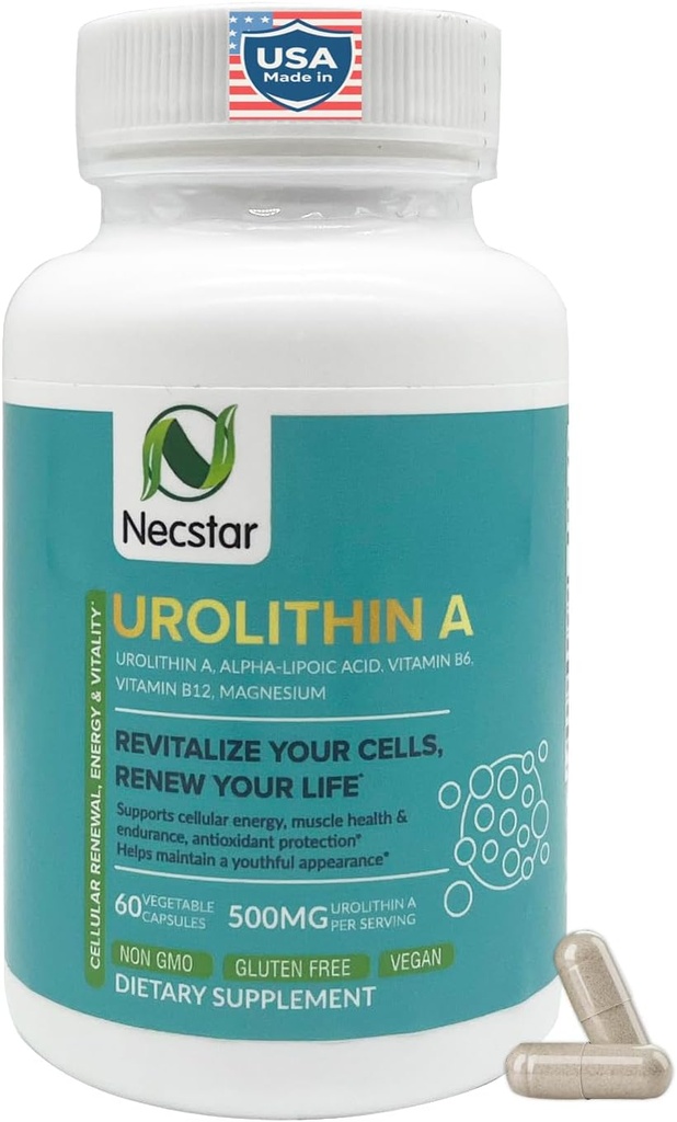 Necstar Urolithin A Supplement – Cellular Energy & Mitochondrial Support – with Alpha-Lipoic Acid, Vitamin B6, B12 & Magnesium – 60 Vegan Capsules, Gluten-Free