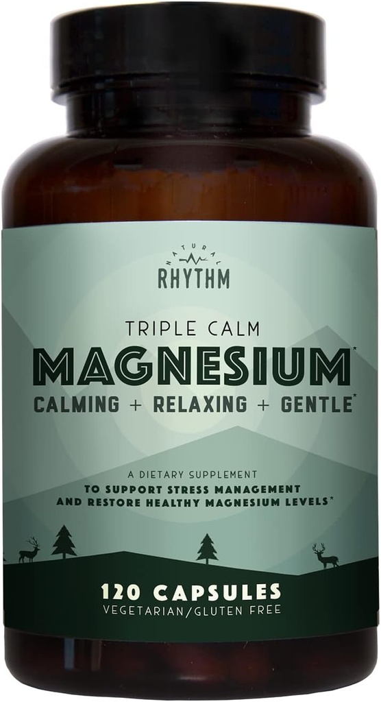 Rhythm Triple Calm Magnesi 150 mg - 120 Capules Magnesi complex suplementaris amb Magnesi Glycitiu, Mate i Taurte. Una barreja de calma per al trencament i la tranquil·litat.