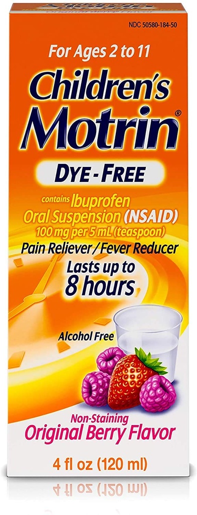 Johnson & Johnson Motrin Дитяча формула, 4 oz, Dye- Free, Беррі