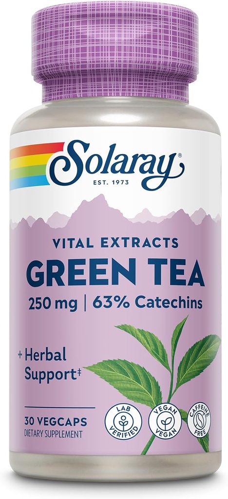 SOLARAY Green Tea Extract 250 mg - Kofeiiniton vihreä teeuutekapselit - EGCG täydentää - taattu sisältää 63% Catechins - Vegan, 60 päivän takuu, 30 tarjoilua, 30 VegCaps
