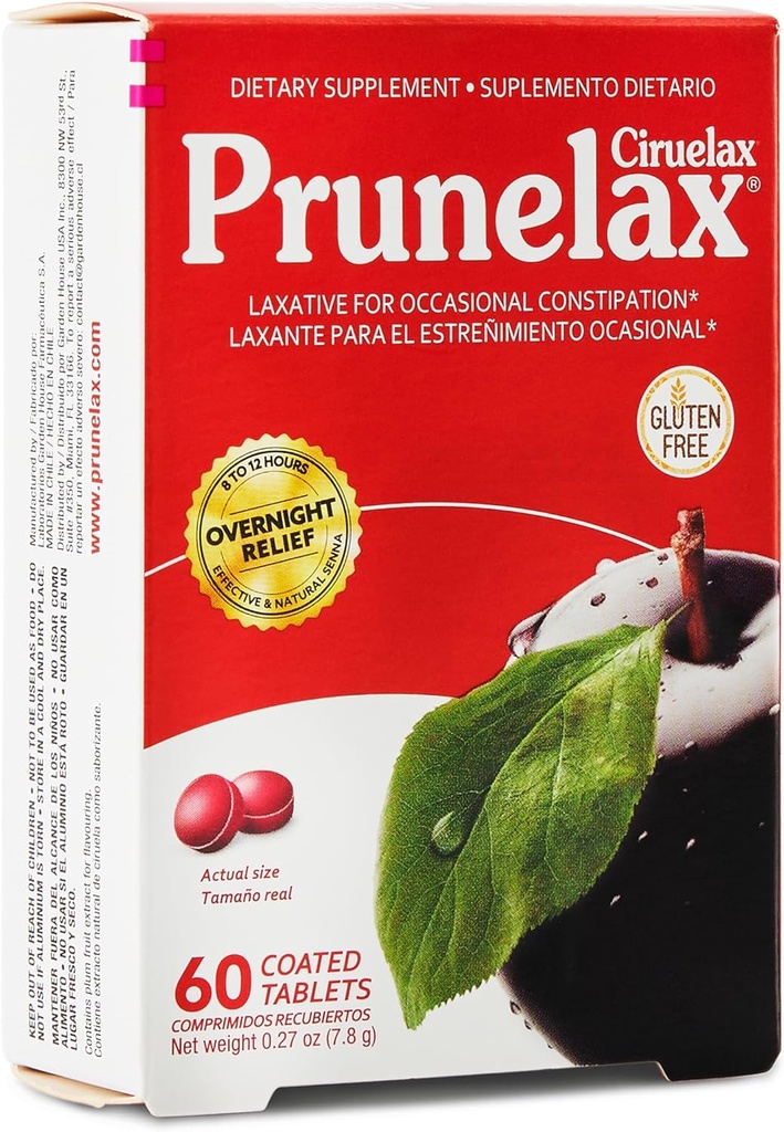 Prunelax Ciruelax 常规强力激光迷你药片 - 偶发便秘的过夜救济, Senna 提取, Vegan & Gluten - Free, Gentle Relief - 60ct