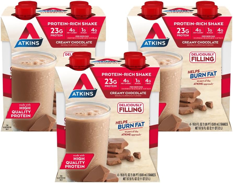 Atkins Creamy Chocolate Meal Size Protein Shake, 23g Protein, Low Glycemic, 4g Net Carb, 1g Захар, Keto Friendly, 12 Count