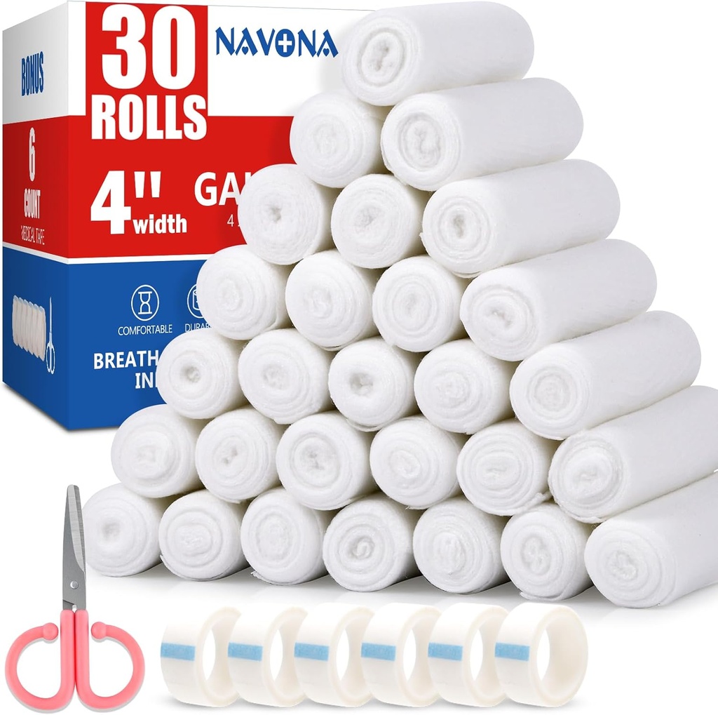 Navona Gauze Rolls 30 Pack, 4 v x 4.1 Yards, Individuálně válcované Gauze, Muma Wrap, Premium Gauzes Wrap Roll pro rány