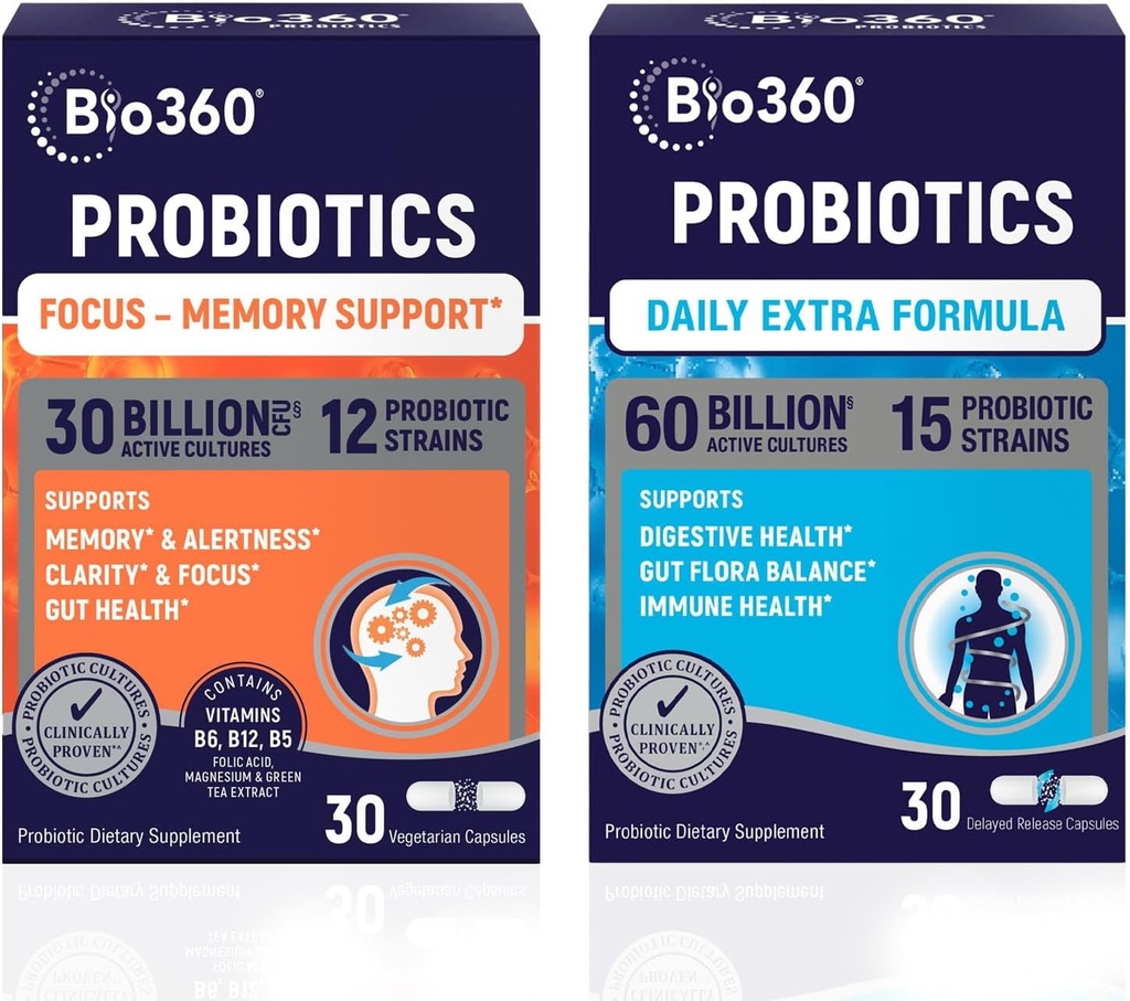 Bio360 Probiotics Bundle, Cognitive Support Formula & Daily Extra Formel, Brain Support & Gut Health Supplements, hjälper till att stödja minne, fokus och matsmältning, 2 x 30 Vegan Supplements
