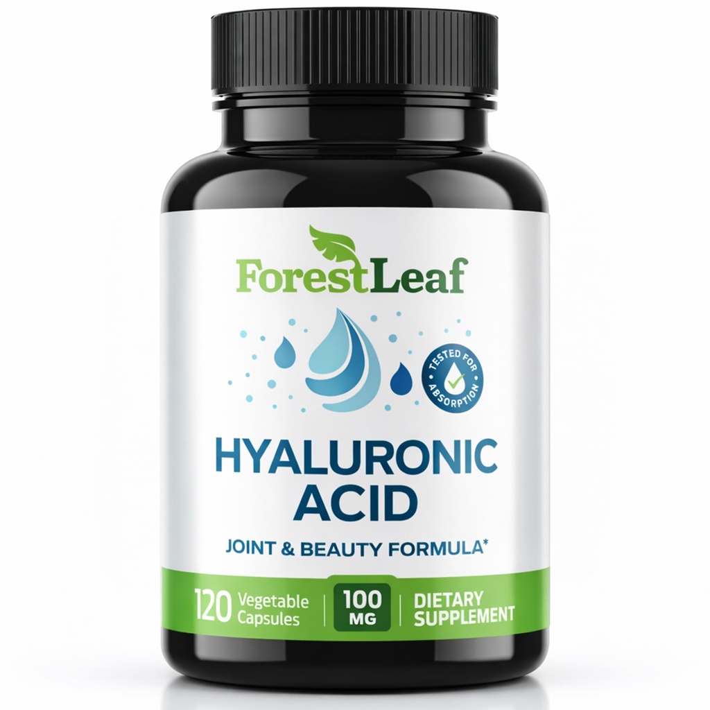ForestLeaf Hyaluronic Acid Supplements | 100mg High Bioavailable Dietary Hyaluronic Acid Powder Capsules + 50mg VIT C | Supports Skin Hydration, Joint Lubrication, Anti-Aging, Hair & Nails | 120 Caps