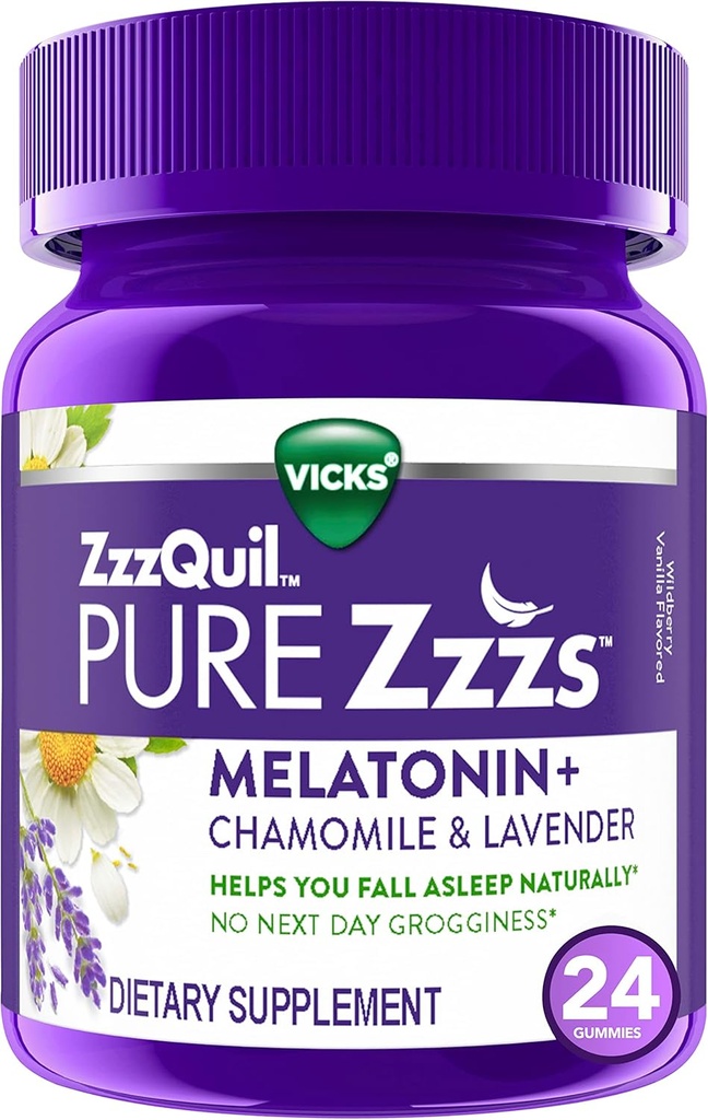 ZzzQuil PURE Zzzs Melatonin Gummies, Sleep Aid, Melatonin 2mg, with Chamomile & Lavender, Melatonin Sleep Gummies, Sleep Aids for Adults, Wildberry Vanilla Flavored, 24 Sleep Gummies
