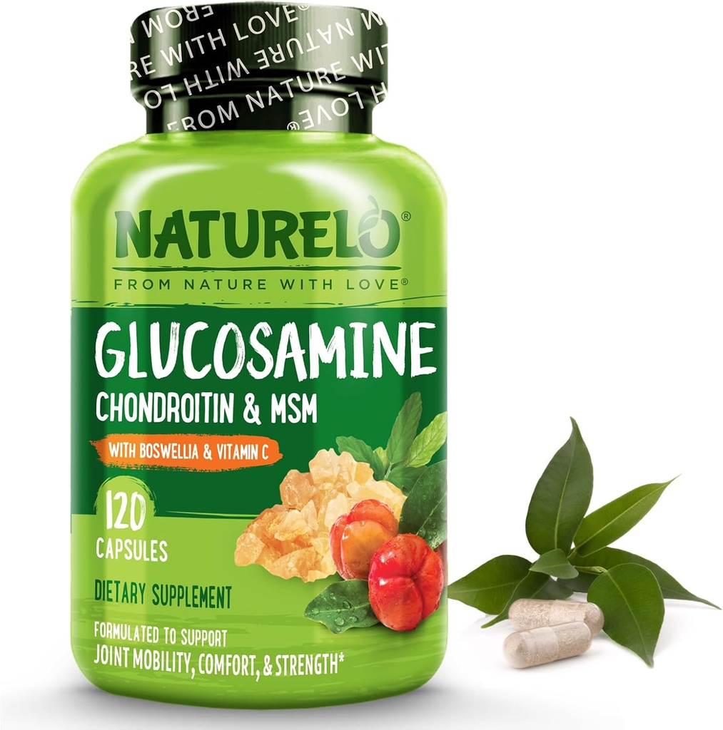 NATURELO Glucosamin Chondroitin MSM dengan Boswellia dan Vitamin C - Suplemen untuk Komfort Gabungan, Mobility, dan Kekuatan - 120 Kapsul