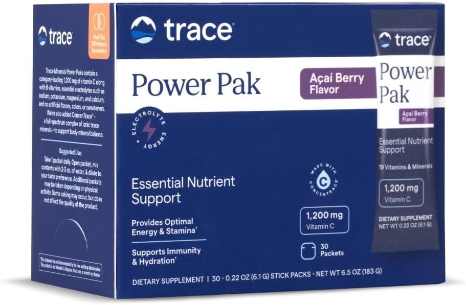 Trace 무기물 힘 Pak Multivitamin와 Multimineral 소포 - 전해질 지원 - 1200 mg 비타민 C 플러스 70 Acai 베리 맛 - 30 패킷
