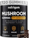 Mushroom Gummies 10 Blend 120 buc - Lions Mane, Ashwagandha, Turkey Tail, Cordyceps, Chaga, Reishi Mushroom Complex - Supliment de ciuperci pentru imune, Energie, Clarity & Cognitive