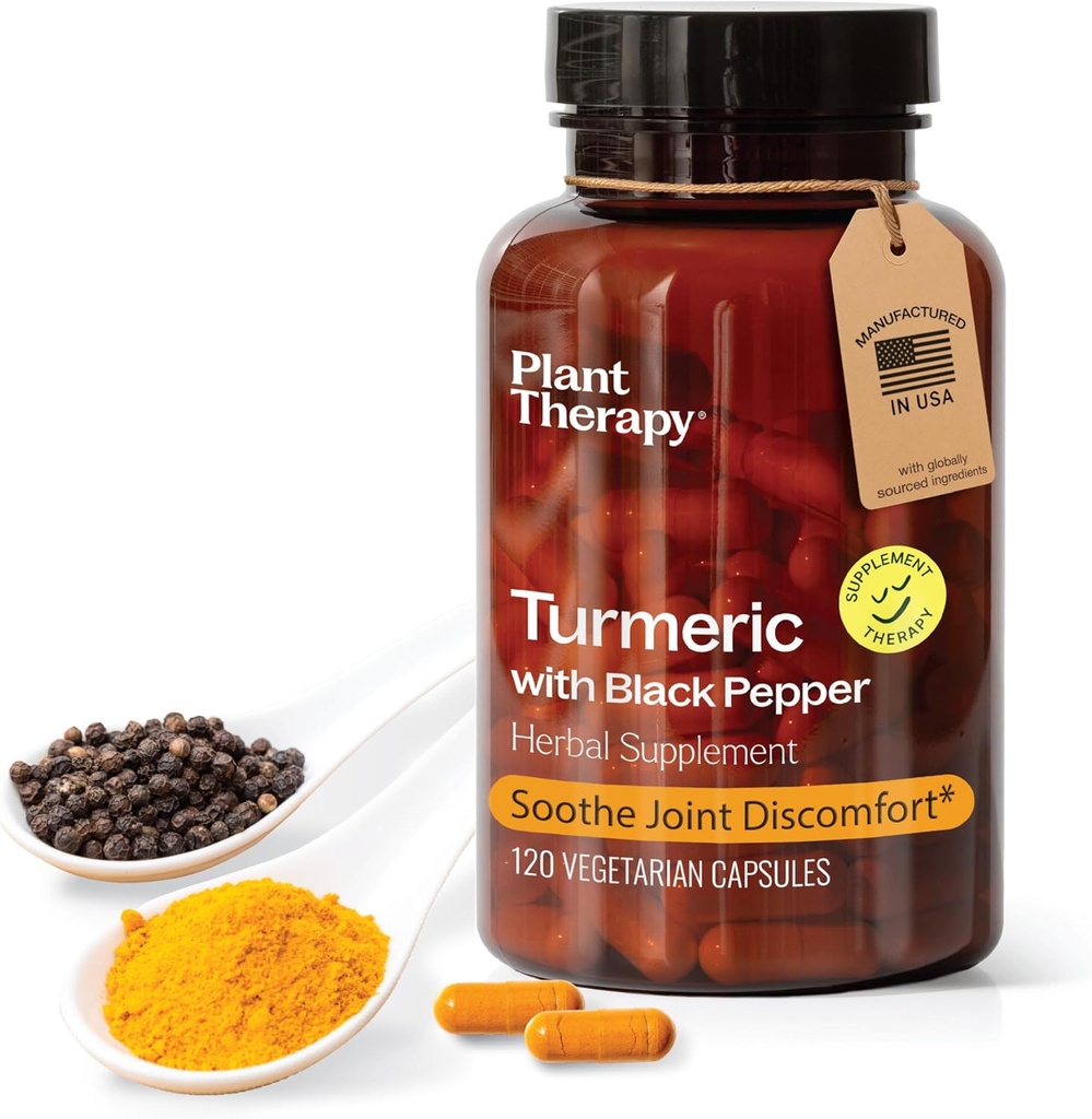 Terapia vegetal Turmeric Black Pepper Supplement Cápsulas Fabricado nos EUA 4 meses de fornecimento Supply Supplys Joint and Muscle Health Supplements for Women & Men 120 Vegetarian Capsule