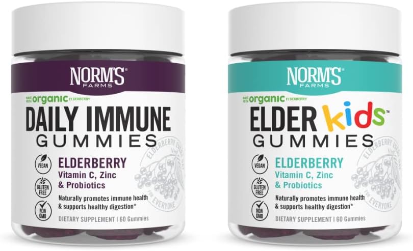 Norm's Farms Daily Immune and ElderKids Elderberry Gummies - Vitamin C, Zinc & Probiotics - Vegan, Gluten Free, Kosher, Non-GMO - 120 Gummies