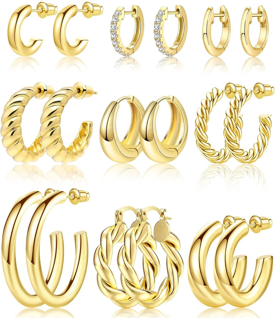Adoyi 9 Pairs Gold Hoop Earrings Set for Womens Twisted Huggie Hops Earrings 14K 18K Gold Plated for Girls عيد ميلاد أم عيد الميلاد