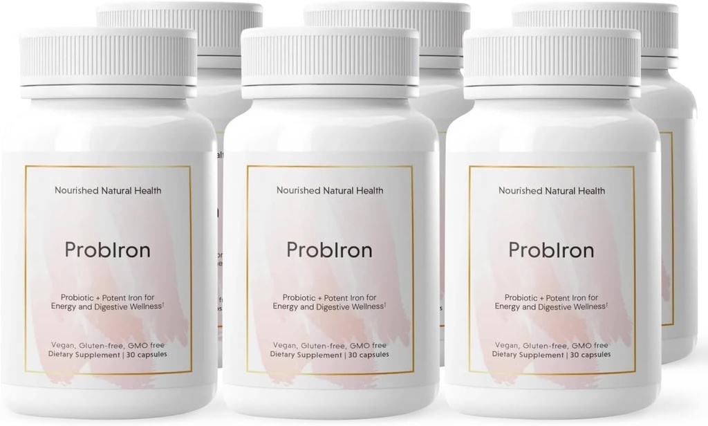 Nuched Natural Health ProbIron - Women 's Probiotic + Iron Suplement Boosted with Vitamin C and Copper - Vegan Formula for Energy and Digetical Wellness - 180 Capsules