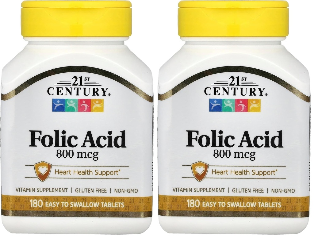 21st Century 800 mcg Folic Acid Tablets, Assorted, 180 Count (Pack of 2)