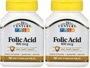 21st Century 800 mcg Folic Acid Tablets, Assorted, 180 Count (Pack of 2)