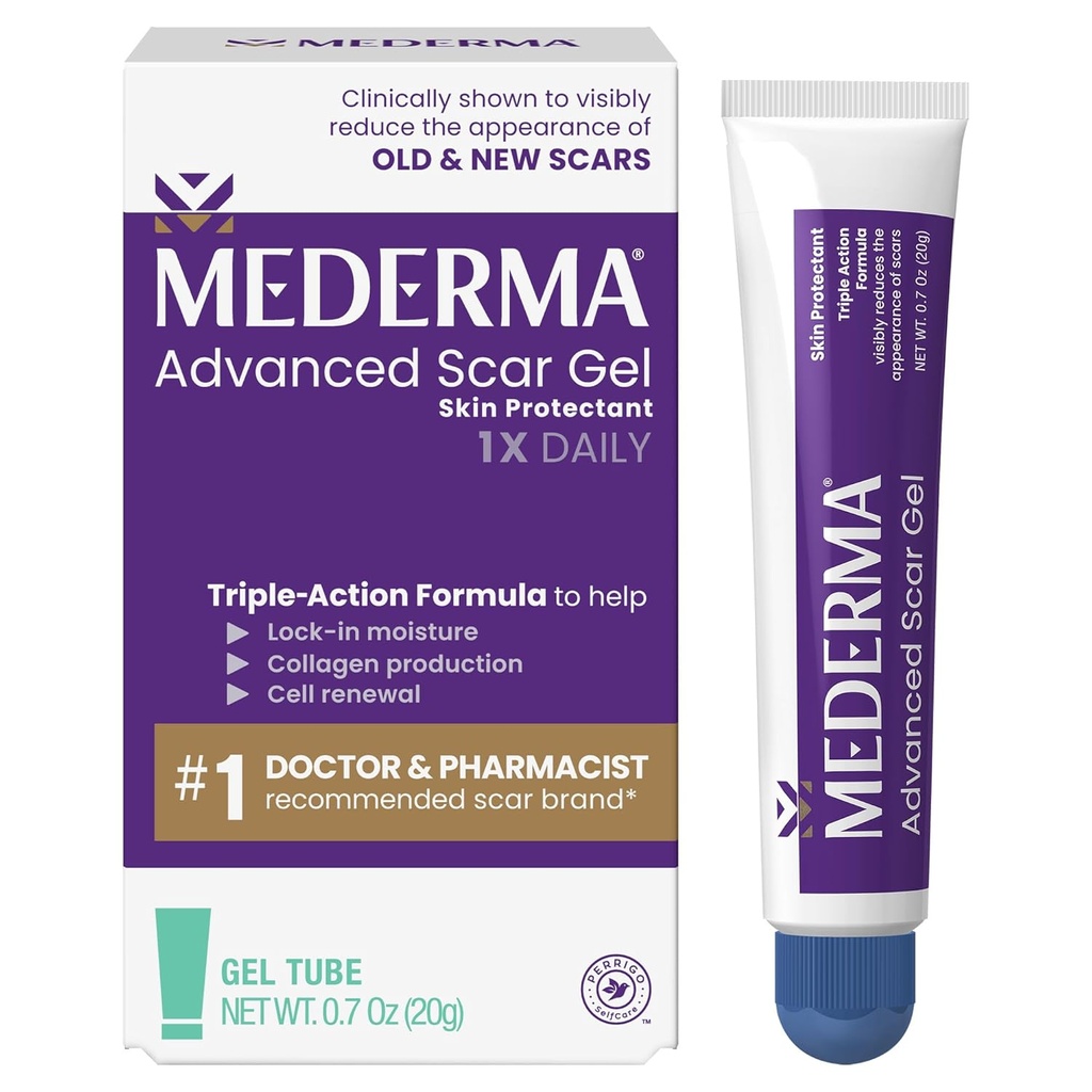 Mederma Advanced Scar Gel - Tratatus Old & New Scars, murriztu Acne, Surgery, Burns, Lesio eta Tiradera Markak, 0.70 Oz (20g)