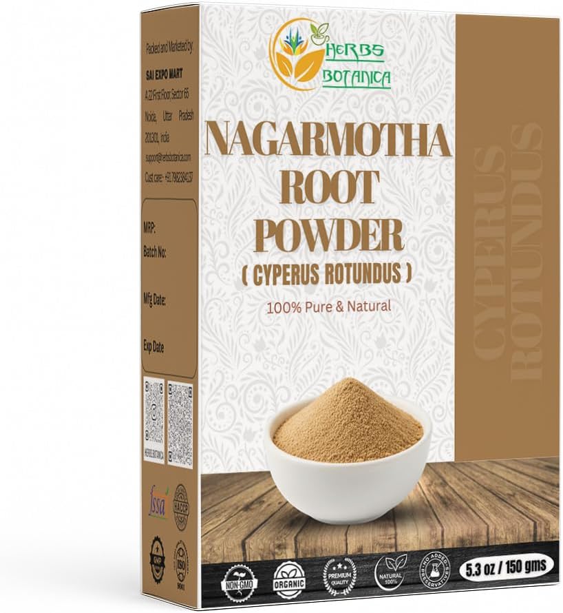 Herbs Botanica Organic Nagarmotha Powder Cyperus Rotundus Ayurvedic Formula for Digestion 100% Pure Premium Quality Herbal Supplement for Men and Women Promotes Healthy Hair Care 150 GMS / 5.3 oz
