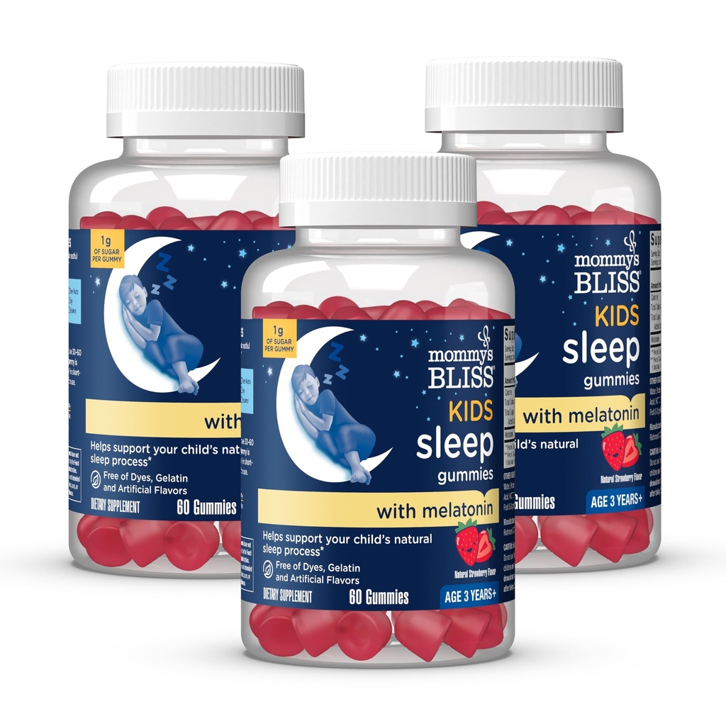 Mommy's Bliss Kids Sleep Gummies with Melatonin, Support Your Natural Sleep Process, Age 3 Years to Adults, Strawberry Flavor, 1G of Sugar, 60 Gummies (Pack of 3)