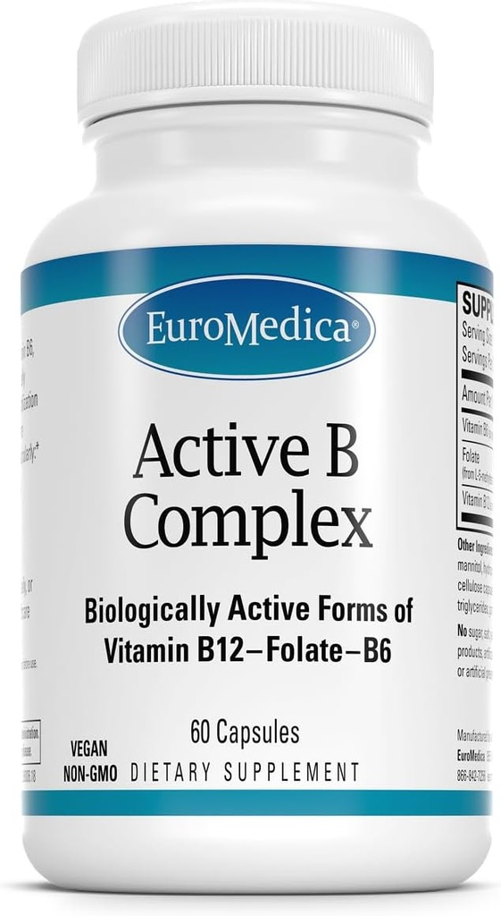 EuroMedica Active B Complex - Supplement til å hjelpe hjertehelse med bioaktive B-vitaminer - Supplement med folat og kalsium - B komplekse kapsler til å hjelpe nervesystemet helse og funksjon - 60 kapsler