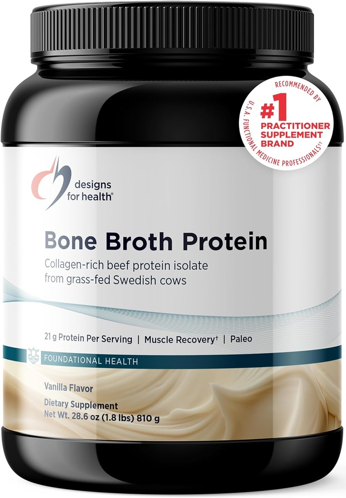 Designs for Health Bone Broth Protein Powder - 21g Grass-Fed, Collagen-Rich Beef Protein Isolate - Vanilla, Paleo, Non-GMO, Dairy-Free (30 porcións / 810g)