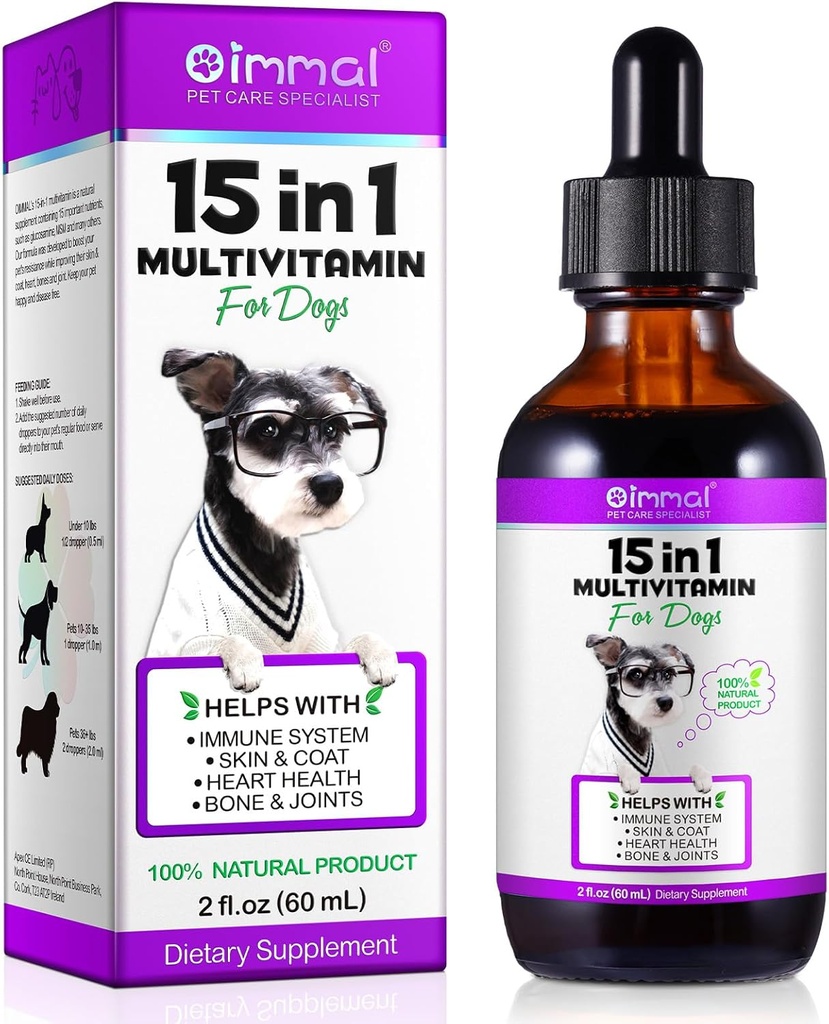 Dog Multivitamin Liquid - 15 in 1 Dog vitamins multivitamin, Suat & Coat, Heart, Bones và Inist Health, Pet vitamins và phụ trợ (2 Fl Oz)