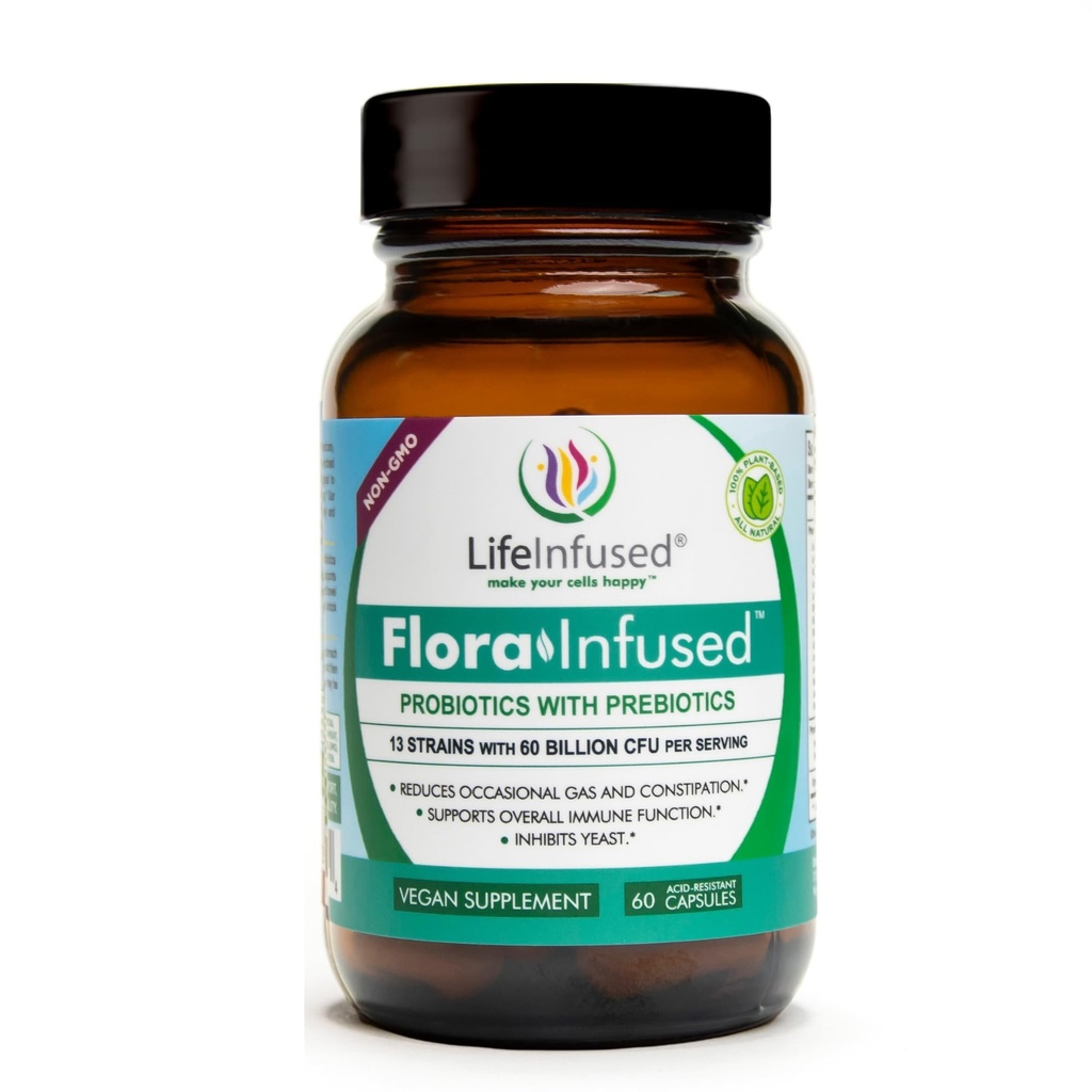 Life Infused Flora Infused Probiotics with Prebiotics – 60 Billion CFU, 13 Strains + Enzyme Blend for Digestive & Gut Health Support, Bloating & Regularity Support Shelf Stable Probiotic – 60 Capsules