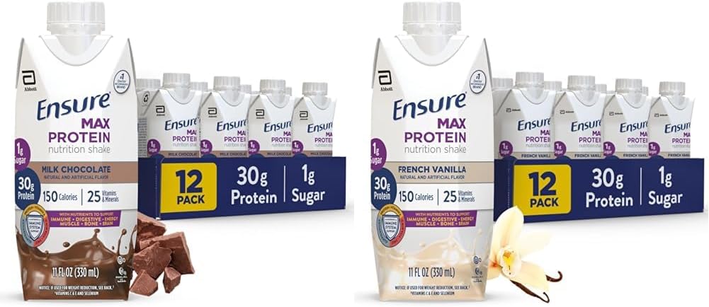 Assicurare Max Protein Milk Chocolate & French Vanilla Nutrition Shakes, 30g Protein, 150 Calories, 12 Pack Bundle