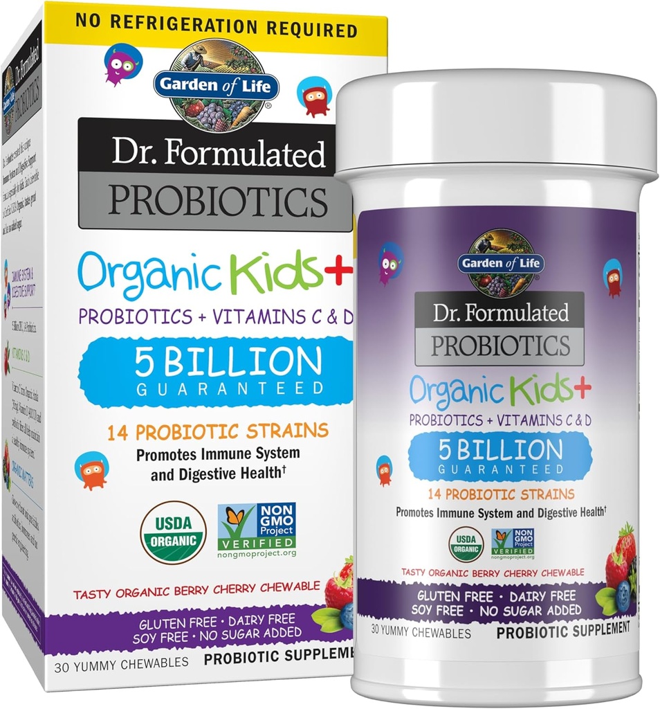 Jardín de la vida Dr. Probióticos Formulados Niños Orgánicos + Más Vitamina C & D - Cereza de Berry - Gluten, lácteos &amp; Soy Libre Inmune &amp; Suplemento de Salud Digestivo, No Añadido Azúcar, 30 Chewables (Estable de Estante)