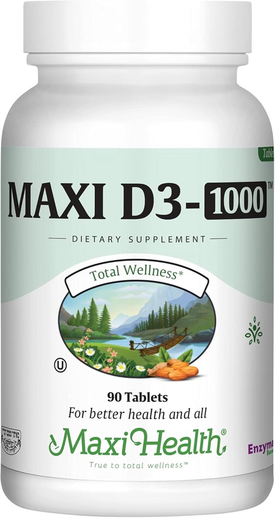 Maxi Health Vitamin D3 1000 IE Dietary Supplement - Lätt att svälja - Odorless & Tasteless - Stöder Calcium Absorption, immun hälsa och benhälsa hos vuxna kvinnor och män - 90 tabletter