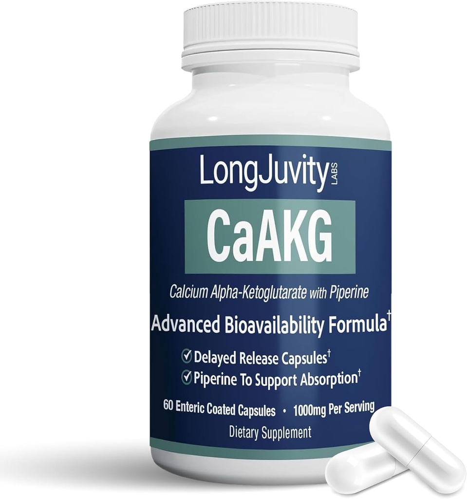 LongJuvity Calciu Alpha-Ketoglutarate Time Release Supliment AKG (1.000 mg per Serving) - Gut Heath, Bone Health, Anti Aging & Longevity - Independent Lab testat (60 capsule acoperite cu Enteric)