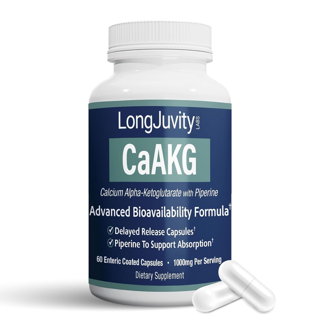 LongJuvity Calcium Alpha-Ketoglutarate Time Release AKG Supplement (1,000mg Per Serving) - Gut Health, Bone Health, Anti Aging & Longevity - Independently Lab Tested (60 Enteric Coated Capsules)