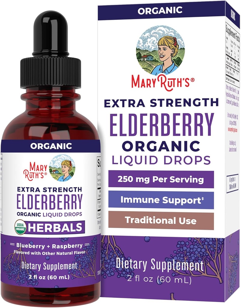 MarRuth Organics Elderberry Syrup Extra Міцність, USDA Organic Elderberry, Sugar Free Adults & Kids Immune Підтримка добавки для віків 1+, Clean Label Project Перевірена речовина, Vegan, Gluten Free, 2 Fl Oz